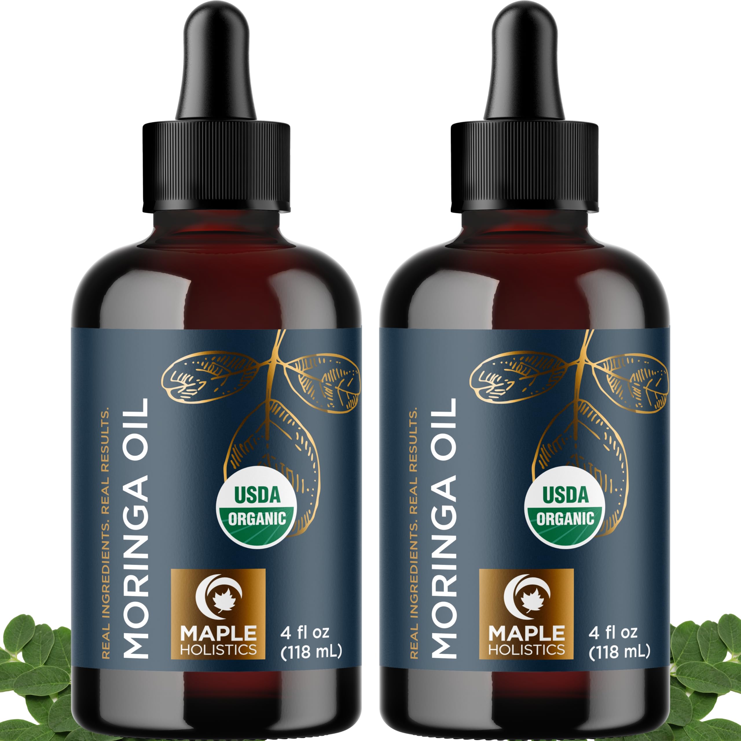 Maple Holistics Moringa Oil bottle pour showing hydrating scalp and hair benefits