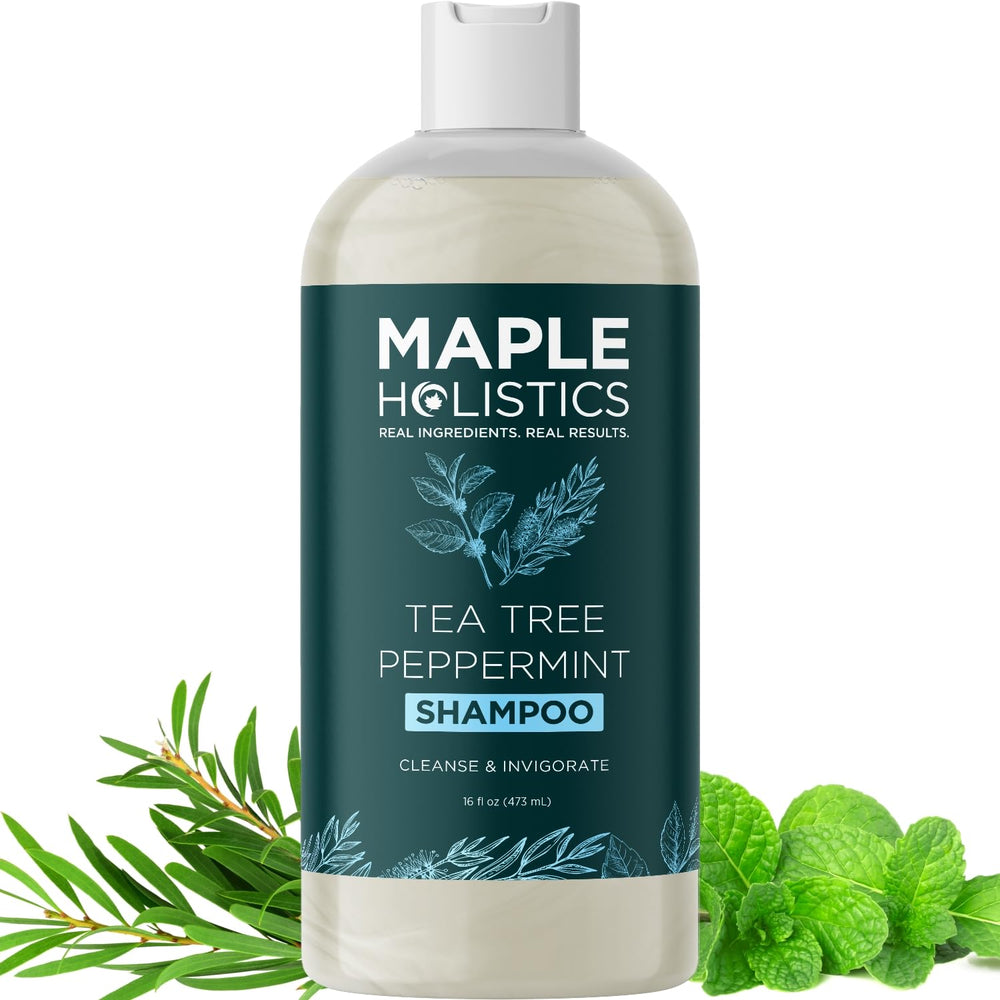 Maple Holistics Rosemary Tea Tree Mint Shampoo bottle close-up signals refreshing scalp care