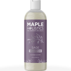 Maple Holistics Sage Rosemary Shampoo bottle on sink highlights clarifying scalp care.