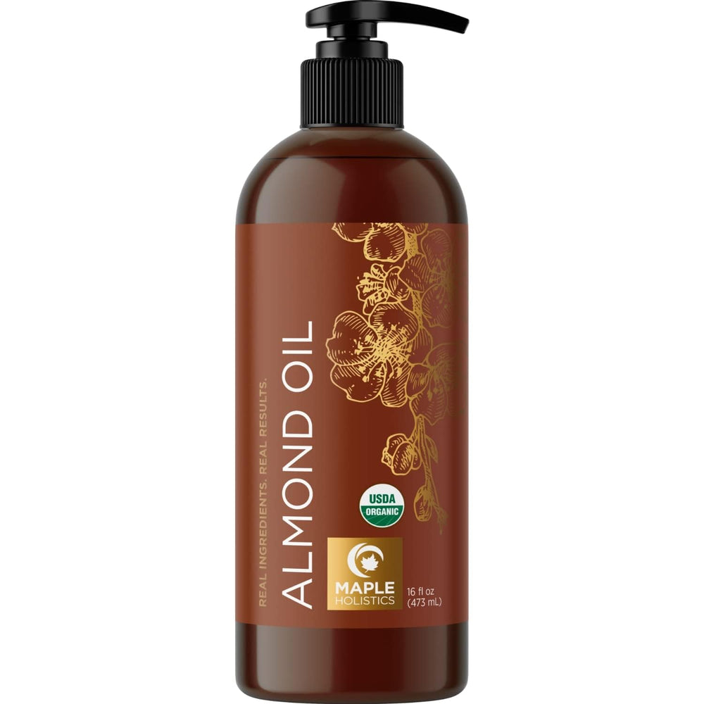 Maple Holistics almond oil bottle front for skin, hair, and nails hydration