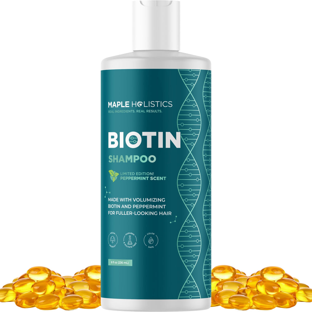Maple Holistics volumizing biotin shampoo bottle for fuller-looking hair
