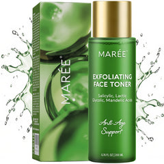 MAREE Exfoliating Toner bottle pour demonstrates easy application and refreshing feel