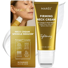 MAREE neck cream with roller applied to neck for a lifted, hydrated look.
