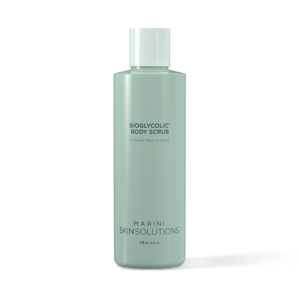 Marini SkinSolutions Bioglycolic Body Scrub bottle shows creamy exfoliant for smoother skin.
