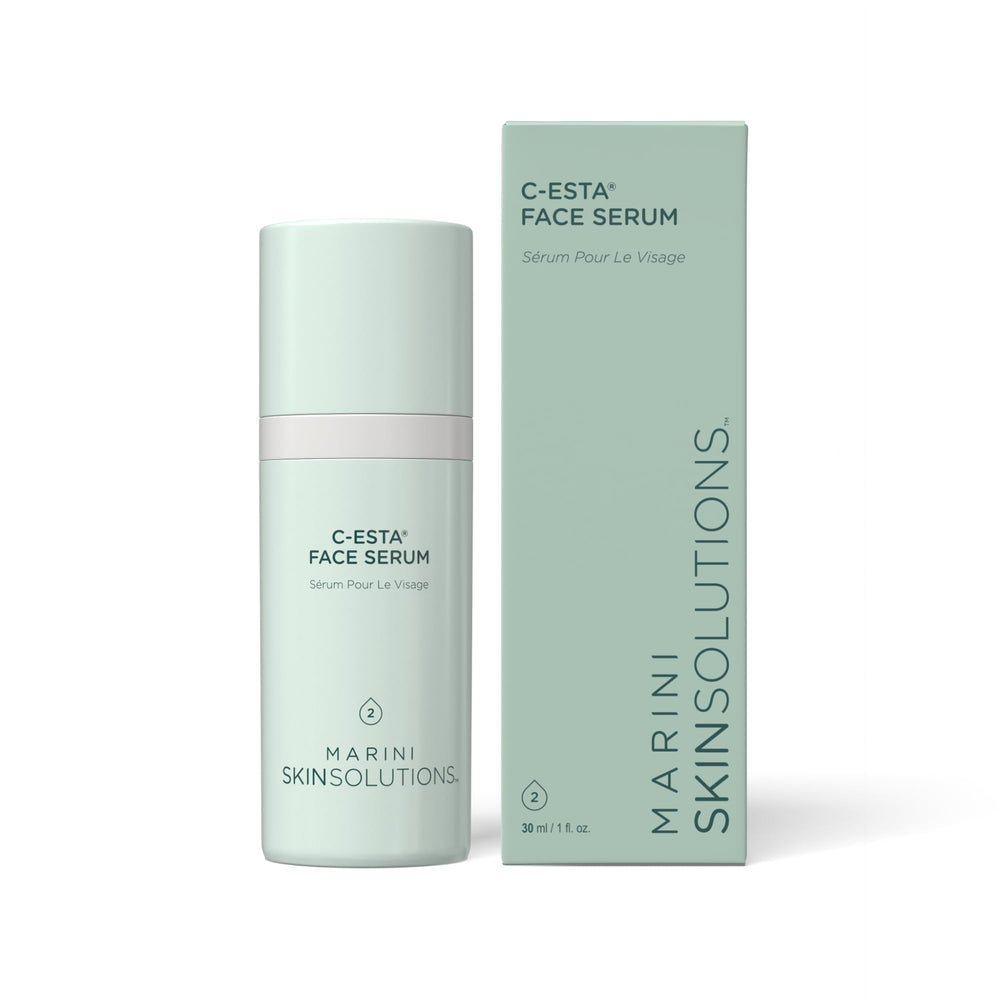 Marini SkinSolutions C-ESTA Serum bottle front showing antioxidant-rich formula for brighter smoother skin.