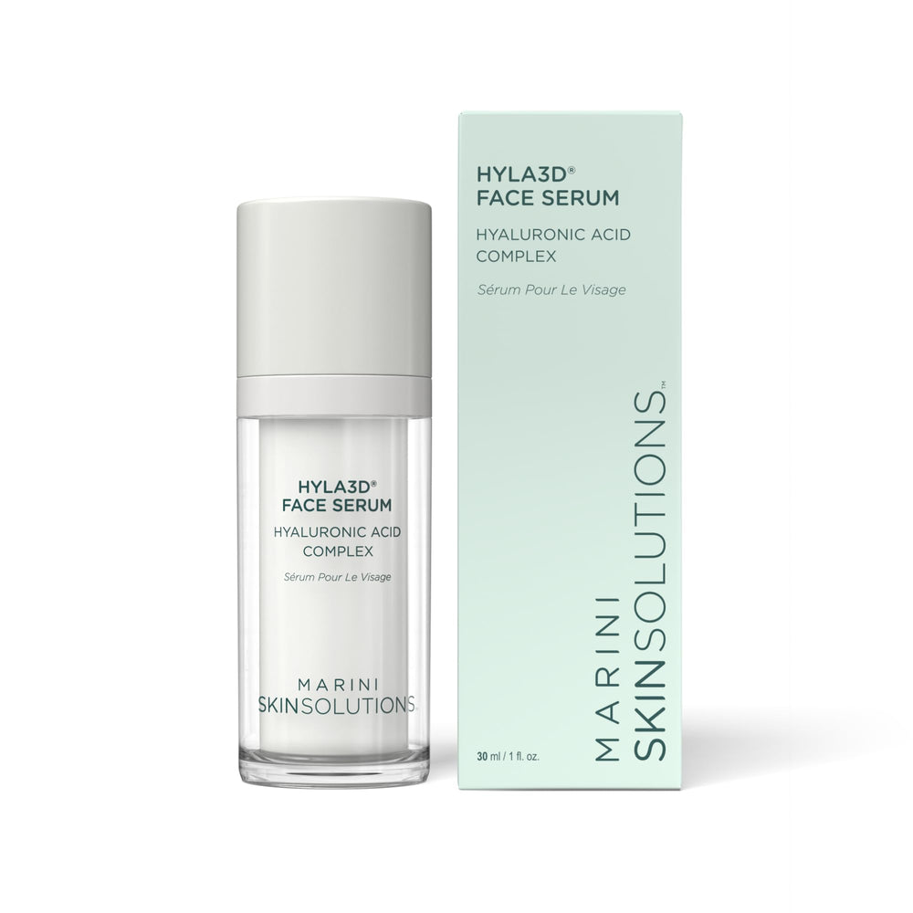 Marini SkinSolutions Hyla3D bottle closeup showing lasting hydration for all skin types.