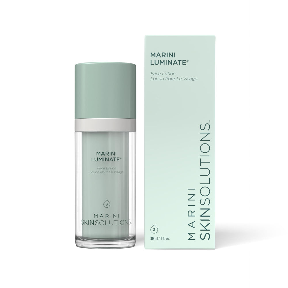Marini SkinSolutions Luminate bottle front with premium packaging and non-hydroquinone brightening promise