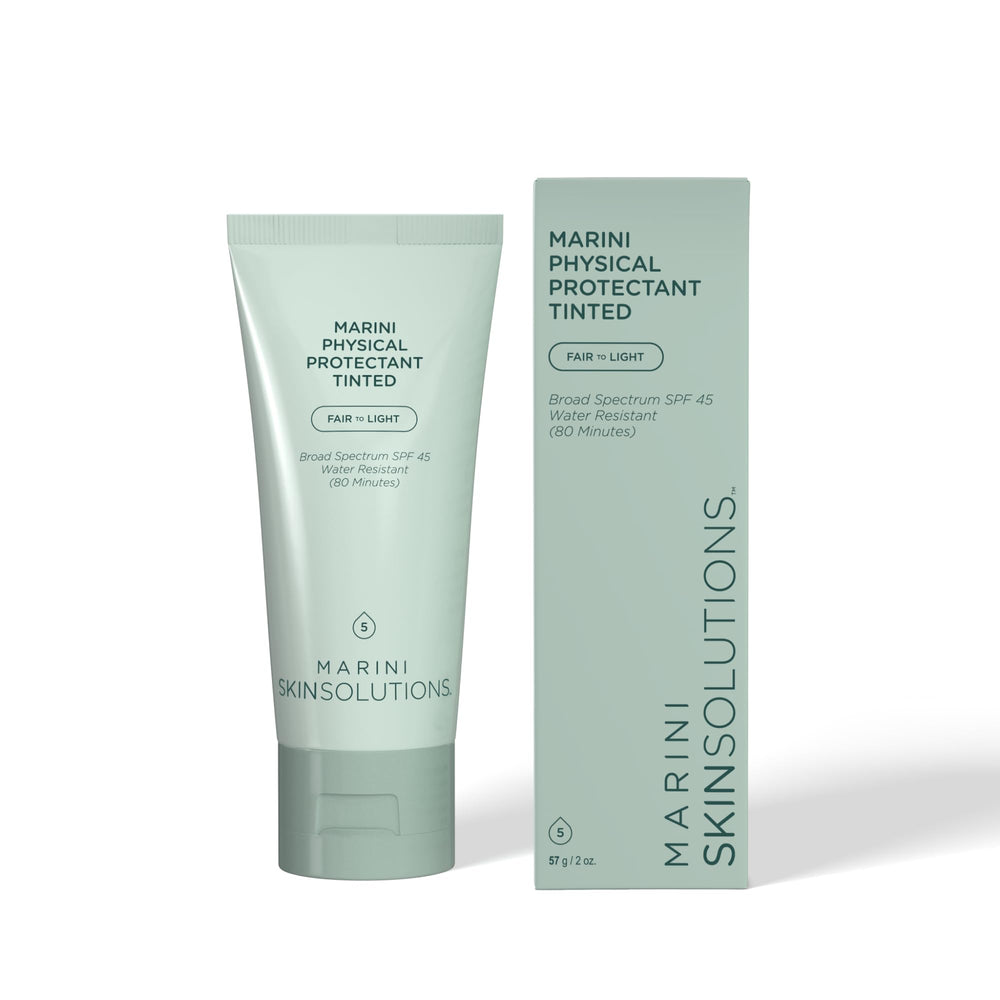 Marini SkinSolutions Physical Protectant Tinted bottle showing oil-control and SPF 45 for daily wear.