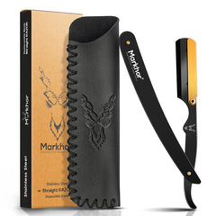 Markhor straight razor with leather pouch for portable grooming and storage.