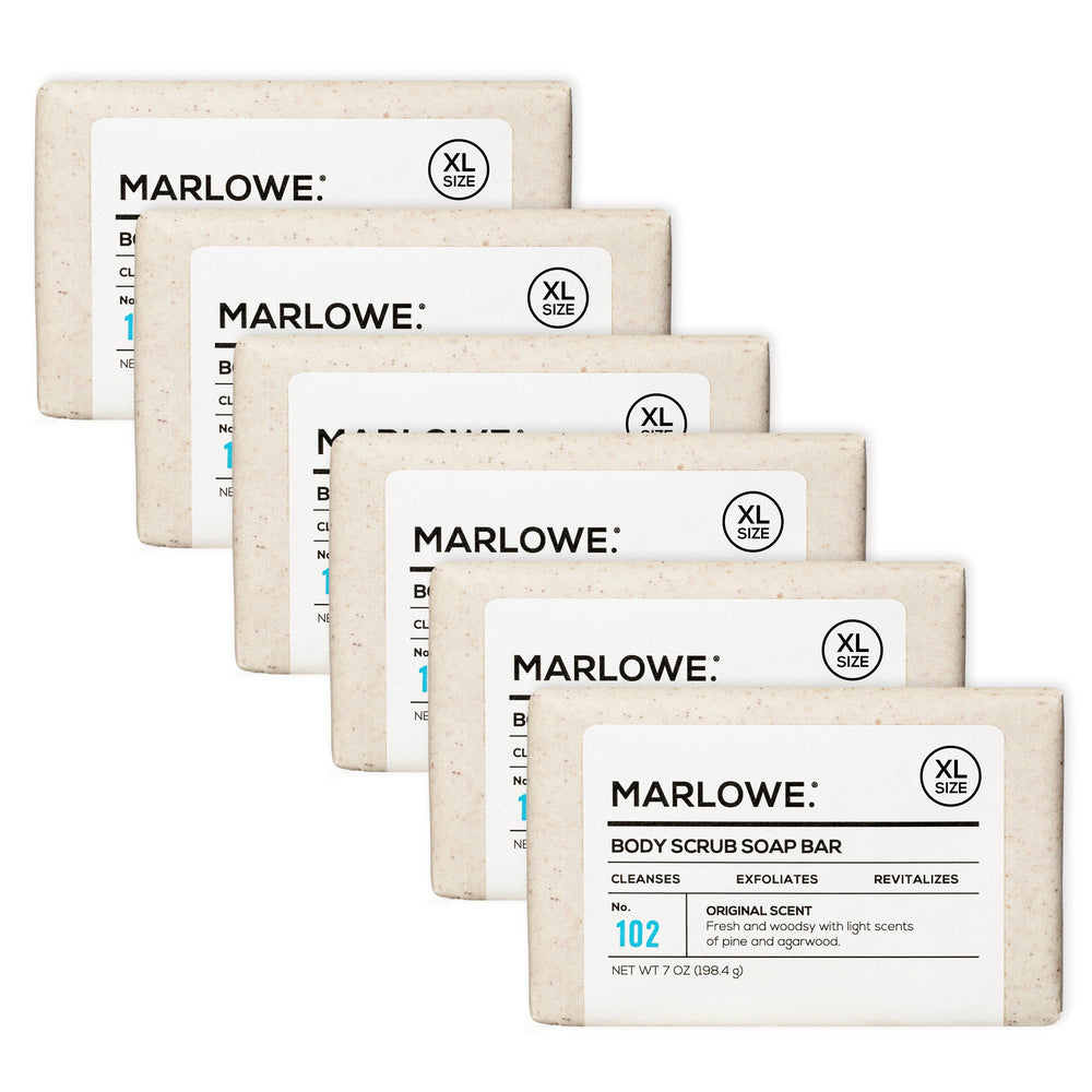 MARLOWE No. 102 body scrub bar close-up showing pumice for exfoliating dry skin.