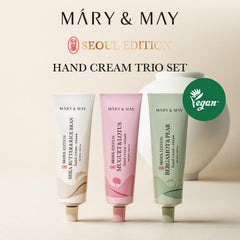 Mary&May Seoul Edition trio packaging closeup highlights sustainable packaging materials.