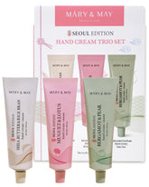 Mary&May Seoul Edition trio set front view shows three hydrating hand creams.