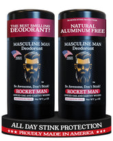 MASCULINE MAN Rocket Man deodorant stick in a 2-pack for travel.