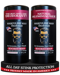 MASCULINE MAN Rocket Man deodorant stick in a 2-pack for travel.