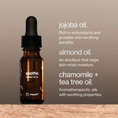 Maude Soothe chamomile-tea-tree oil blend close-up highlights calming botanical formula.