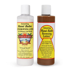 Maui Babe before and after browning lotion bottle in a 2-pack for extended tan.