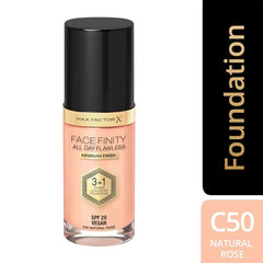 Max Factor Facefinity foundation swatch on skin shows natural shade blend for coverage.