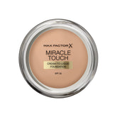 Max Factor Miracle Touch foundation bottle close-up, shade Golden 075, hydrates for a smooth base.