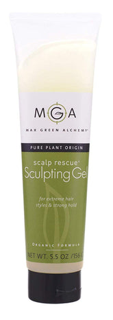 Max Green Alchemy MGA vegan sculpting hair gel bottle offers strong, flexible hold for all-day style.