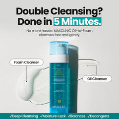 MAXCLINIC Blue Tansy oil-to-foam lather demonstrates makeup removal and impurity lift.