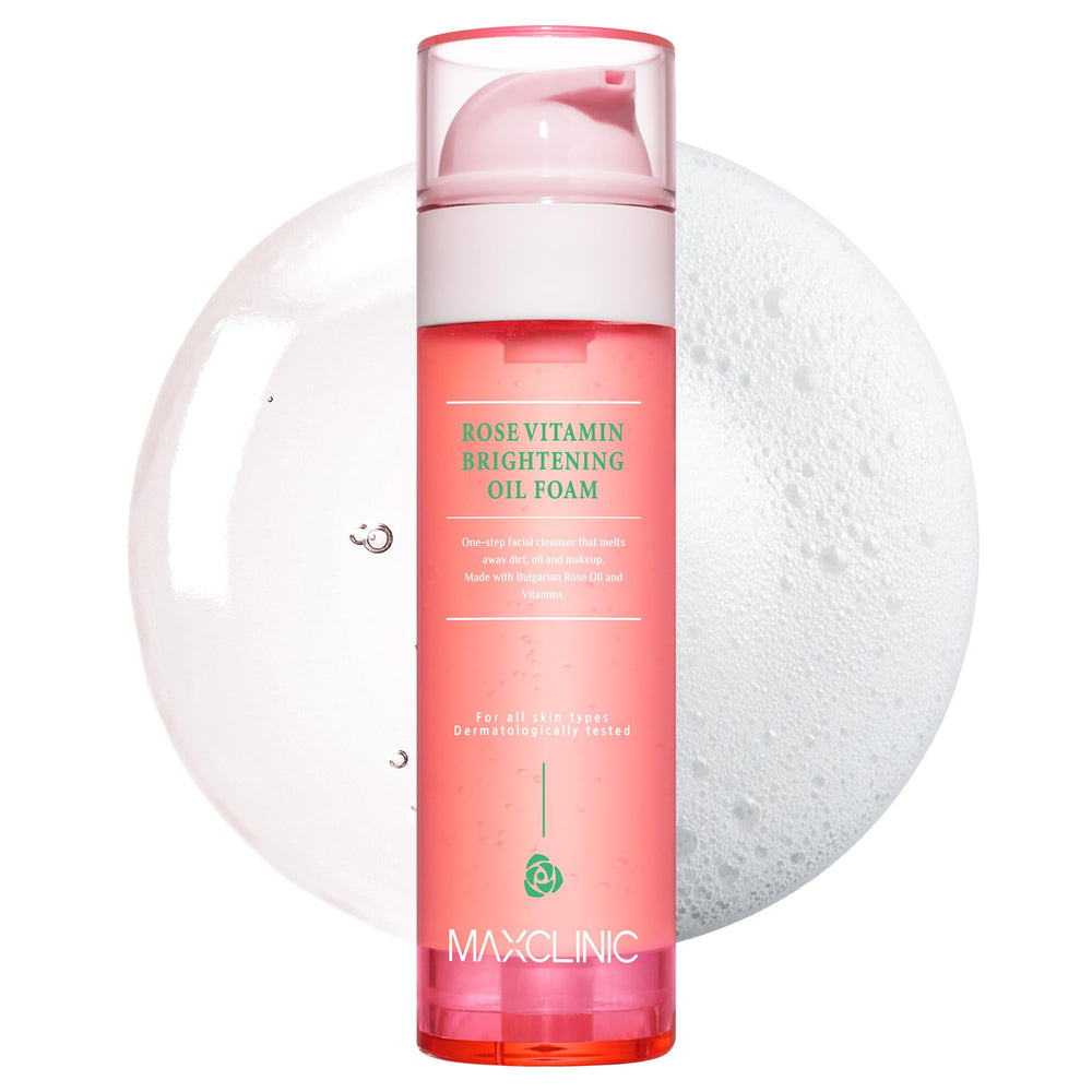 MAXCLINIC Rose Vitamin Oil to Foam bottle—makeup removal and hydrating cleanse.