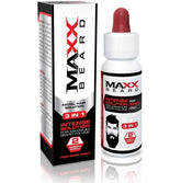 Maxx Beard bottle being poured, highlighting convenient nightly application for fuller beard.