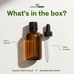 Mayan's Secret apricot oil dropper dispenses oil for smooth, nourished skin.