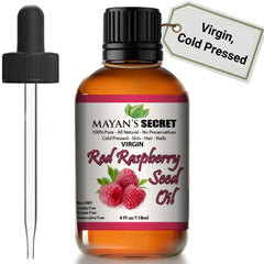 Mayan's Secret Red Raspberry Seed Oil bottle pour demonstrates quick-absorption hydration