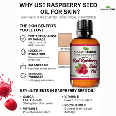 Mayan's Secret Red Raspberry Seed Oil label close-up emphasizes 100 percent pure plant oil