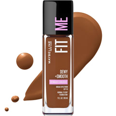 Maybelline Fit Me Dewy bottle showcases shade options for a natural glow.