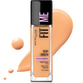 Maybelline Fit Me Dewy + Smooth Soft Tan bottle showing hydrated, natural finish.