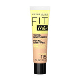 Maybelline Fit Me tinted moisturizer bottle showing natural coverage for a fresh, even skin look.