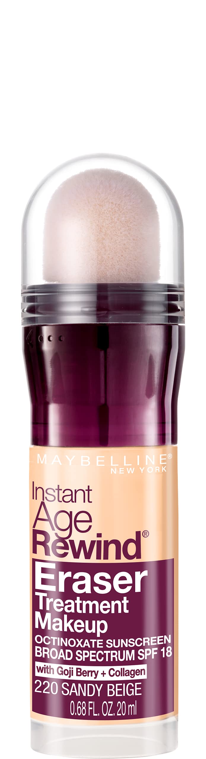 Maybelline Instant Age Rewind Eraser bottle front, SPF 18 foundation for daily wear.