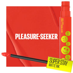 Maybelline Moodmakers Pleasure Seeker red swatch shows mood-inspired shade.
