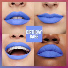 Maybelline SuperStay Matte Ink Birthday Babe bottle close-up highlights rich, durable color.
