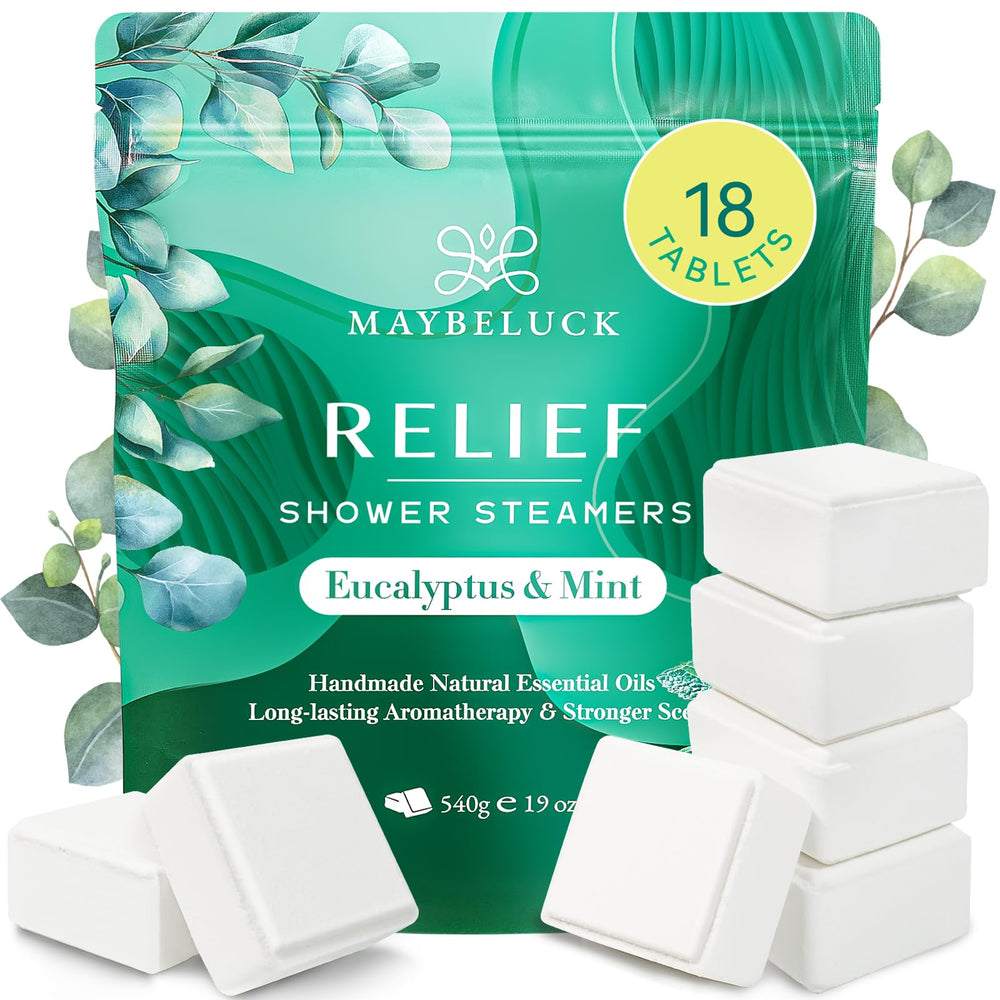 Maybeluck eucalyptus mint shower-steamer 18-pack on shelf for a refreshing wake-up