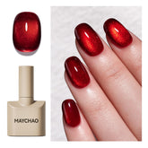 MAYCHAO red cat-eye gel nail polish bottle showing deep color and holographic shimmer.