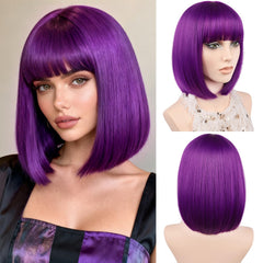MAYSA purple bob wig with bangs close-up showing natural-looking synthetic fibers for cosplay