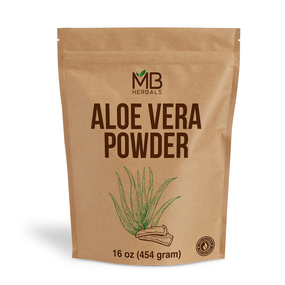 MB Herbals Aloe Vera Powder packaging in a 1 lb jar for skincare prep.