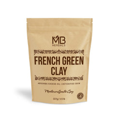 MB Herbals French Green Clay jar shows pure Montmorillonite for oil control and pore detox