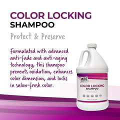 MBS Color Locking Shampoo label highlights vegan, sulfate-free formula for gentle daily use