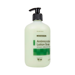 Label close-up on McKesson antimicrobial lotion soap shows 0.95% strength.