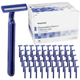 McKesson disposable razor front view with twin blades for a smooth, hygienic clinic-ready shave