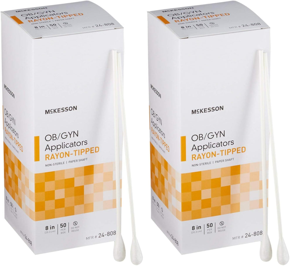 McKesson OB/GYN rayon-tipped applicators, 8-inch length, overview for clinical use.