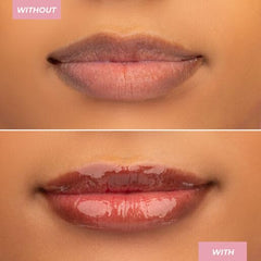 Close-up of caramel shade lip treatment with peptides