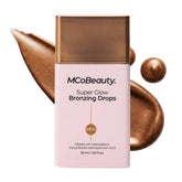 MCoBeauty Super Glow Bronzing Drops bottle showing easy, buildable glow on skin