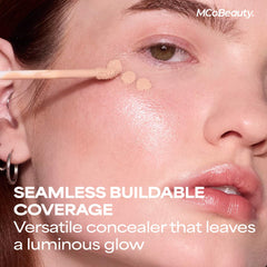 MCoBeauty Brighten & Perfect Concealer under-eye application highlights brightening, lightweight coverage.