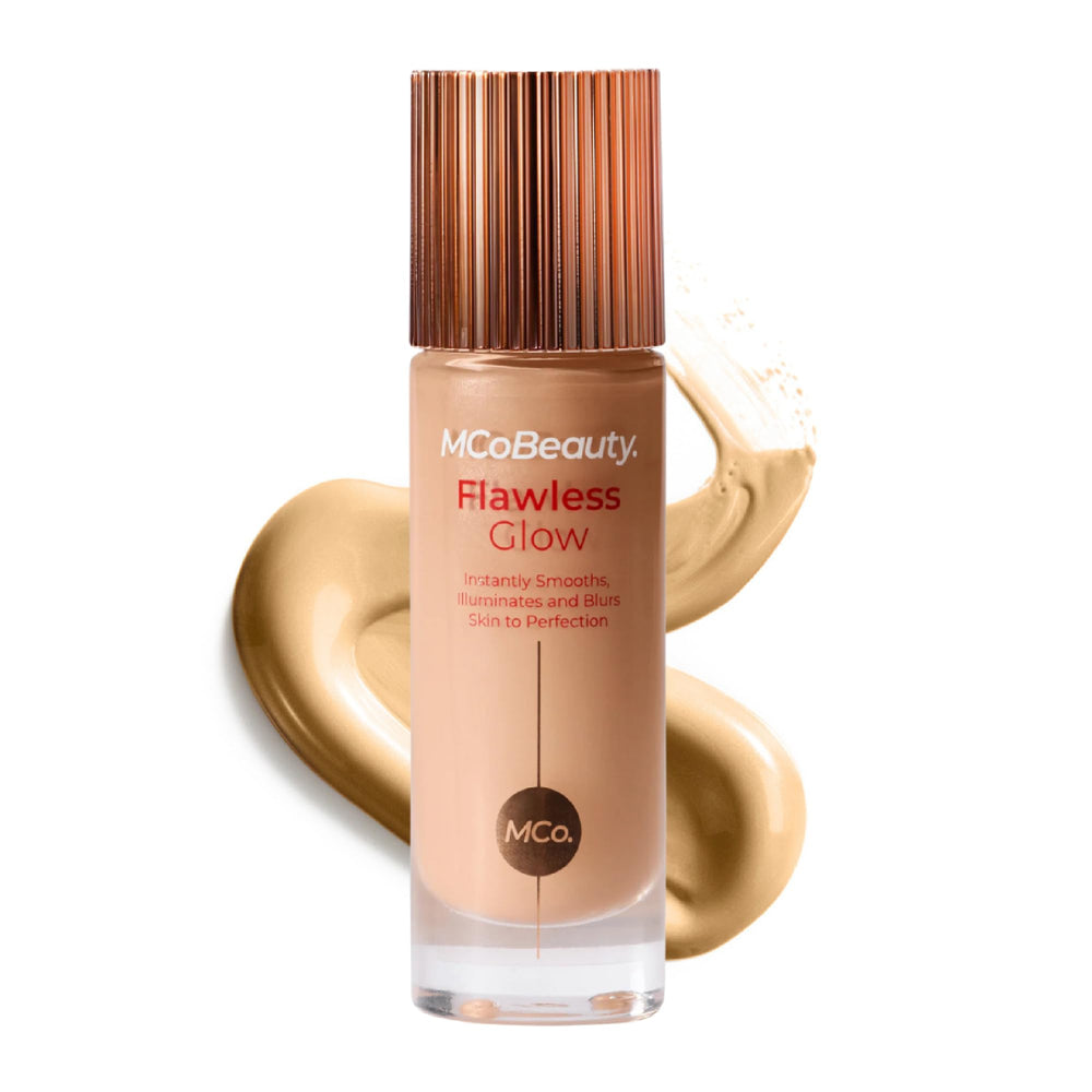 MCoBeauty Flawless Glow bottle close-up for instant radiant base.