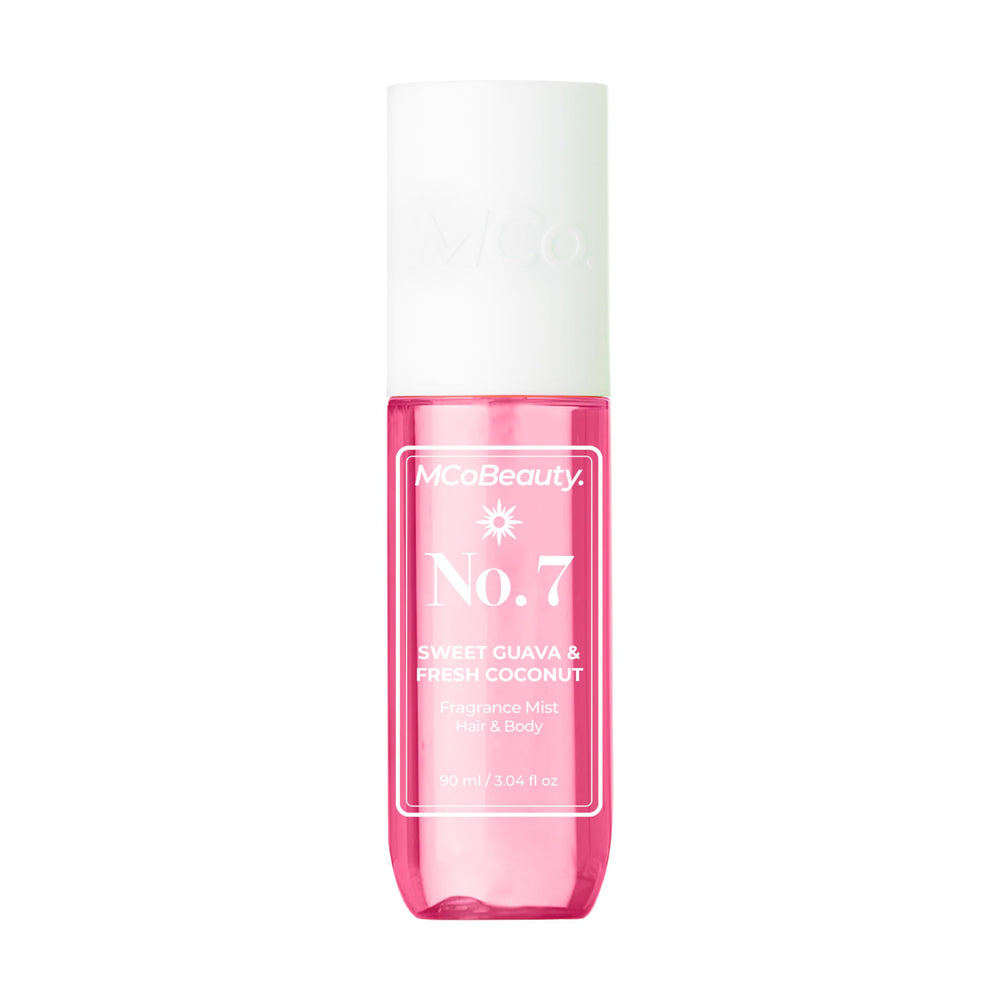 MCoBeauty Fragrance Mist No.7 bottle highlights tropical guava and coconut for daily fresh wear.