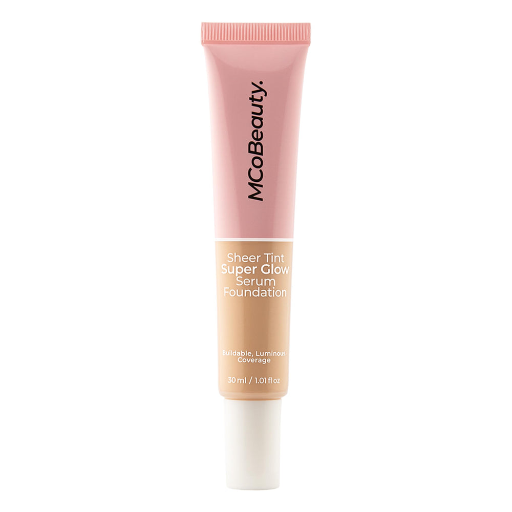 MCoBeauty Sheer Tint Super Glow Serum Bottle Pump shows lightweight coverage for natural glow